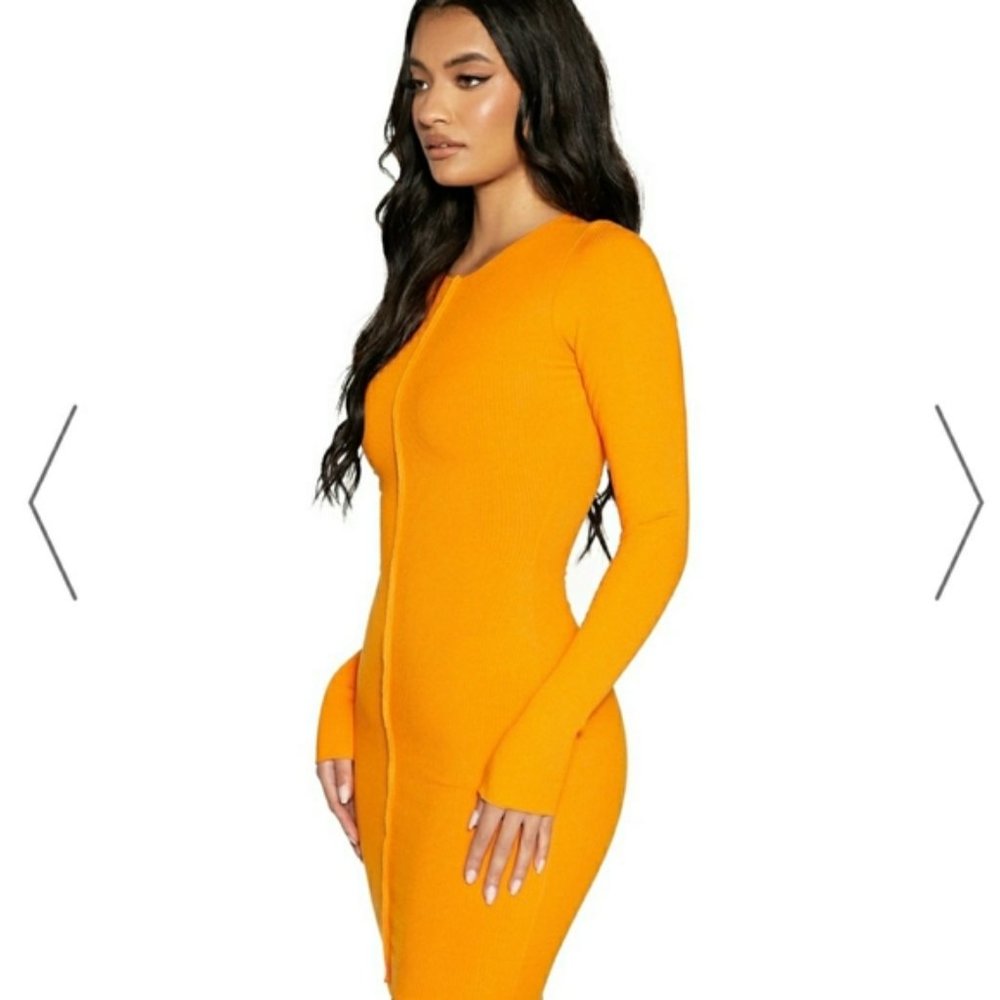NWT Naked wardrobe Snatched Vibes Long Sleeve Rib Knit Mini dress in orange